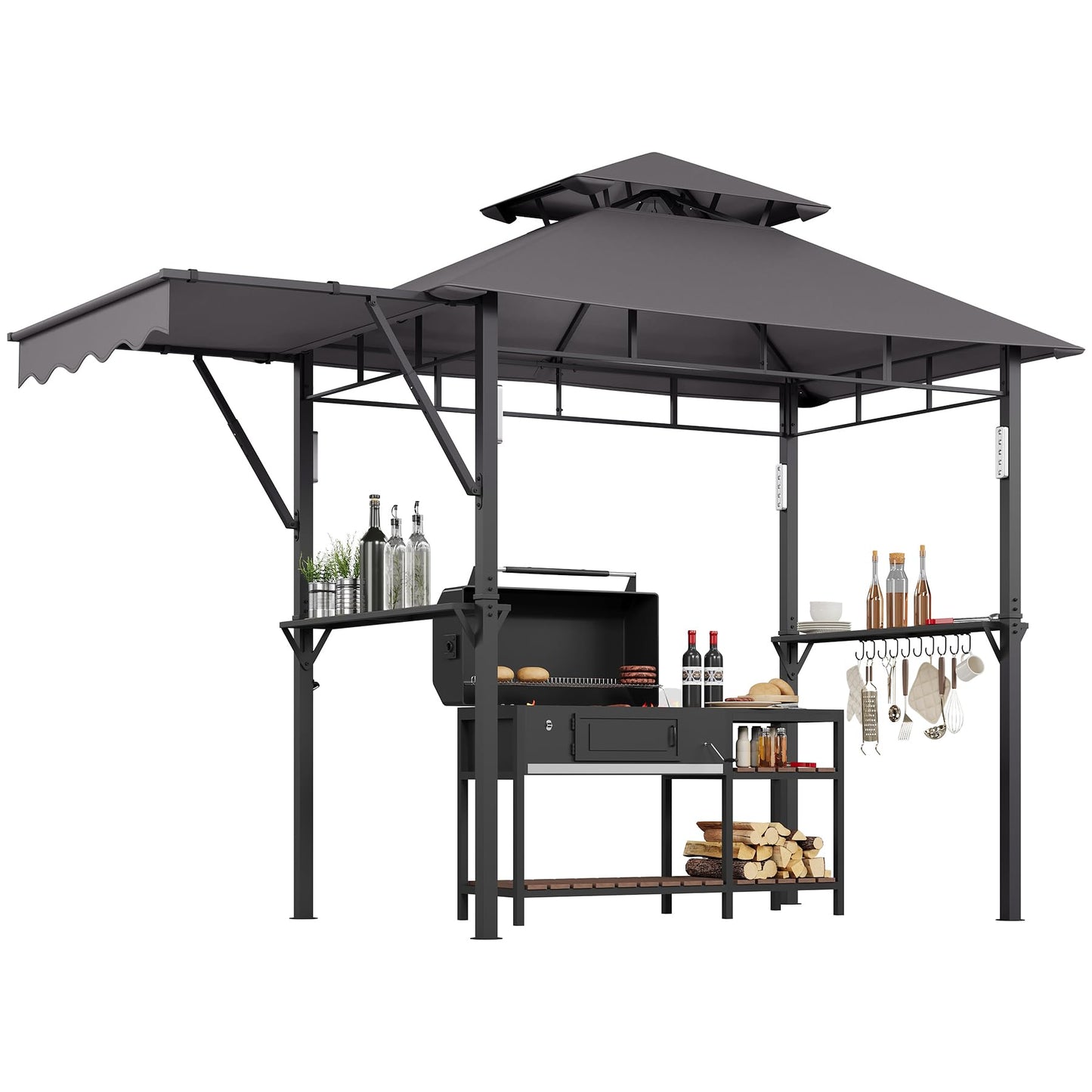 8x5 ft Grill Gazebo, Double Tired Outdoor Patio Canopy Tent with Side Awning Shelves, 4 LED Lights,10 Hooks & Bottle Opener,Heavy Duty Steel Frame Grilling Canopy for Patio Backyard Garden Picnic,Grey