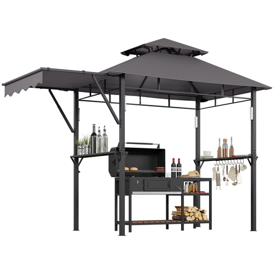 8x5 ft Grill Gazebo, Double Tired Outdoor Patio Canopy Tent with Side Awning Shelves, 4 LED Lights,10 Hooks & Bottle Opener,Heavy Duty Steel Frame Grilling Canopy for Patio Backyard Garden Picnic,Grey