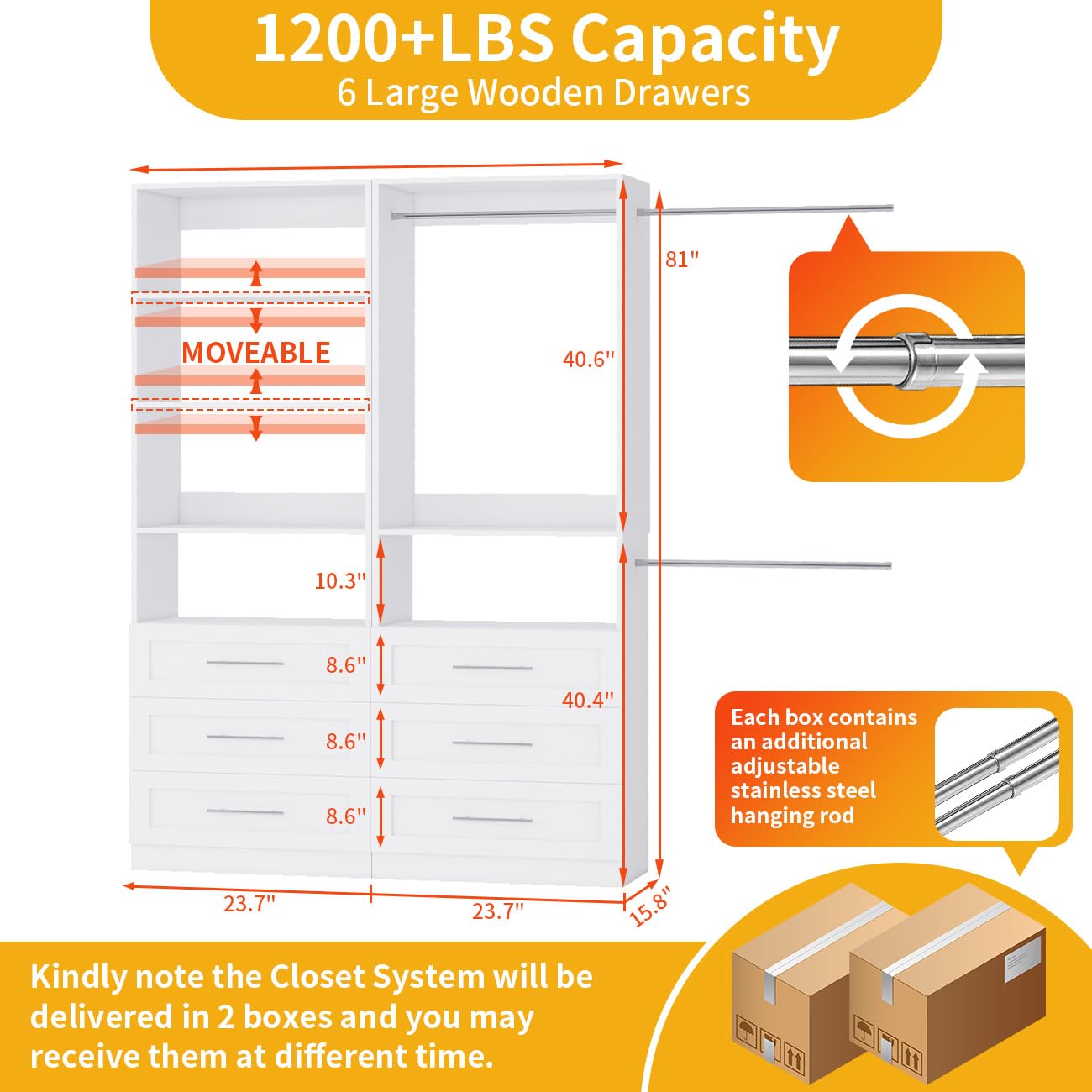 Closet System with 6 Drawers, Wood Closet Organizer System, Walk-in Closet or Small Closet System with Shelves, Modular Closet Systems with 3 Expandable Hanging Rods, 2 Sets, White (4FT)