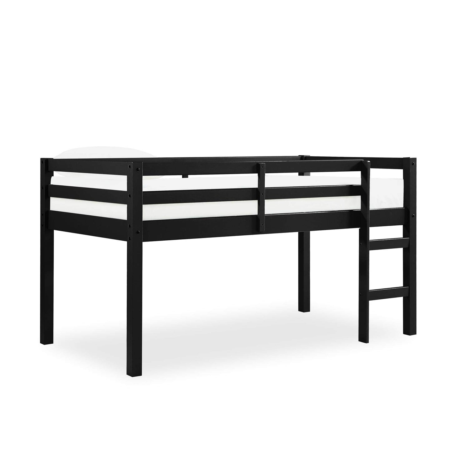 DHP Milton Twin Loft Bed with Safety Guard Rail, Black, Space Saving Junior Size, Pine Wood