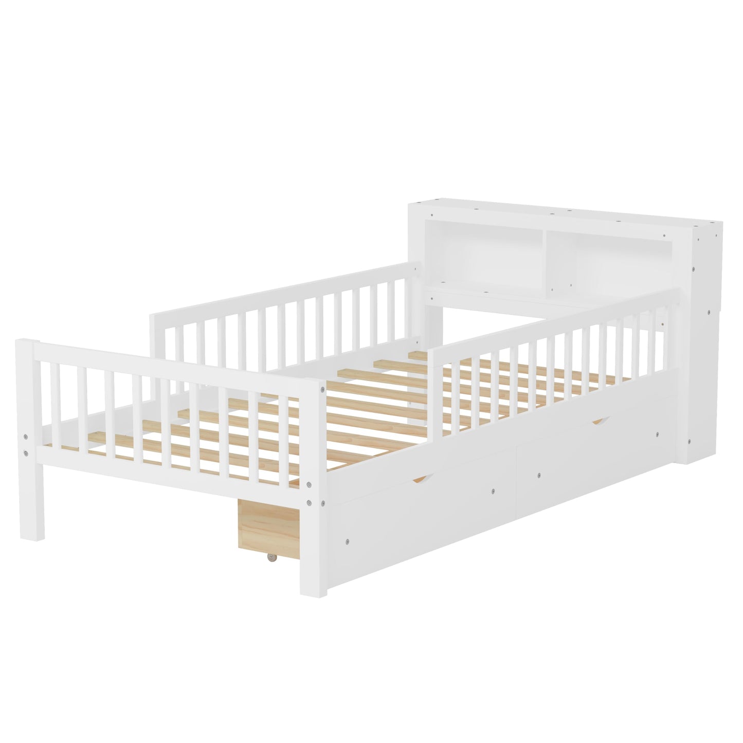 Merax Twin Size Platform Bed with Storage Headboard and Two Under-Bed Drawers, Solid Wood Bed Frame & Three-Side Safety Guardrails for Bedroom, Guest Room, No Box Spring Needed, Easy Assembly, White