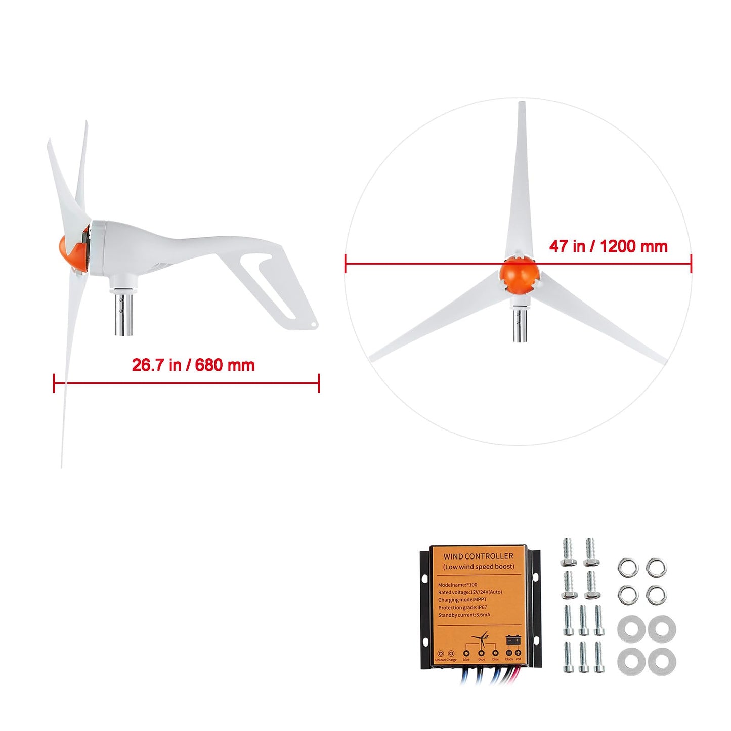 Happybuy 500W Wind Turbine Generator, 12V Wind Power Kit, 3-Blade Wind Generator with MPPT Controller, Adjustable Windward Direction, 2.5m/s Start Wind Speed, Ideal for Home, Farm, RVs, Boats