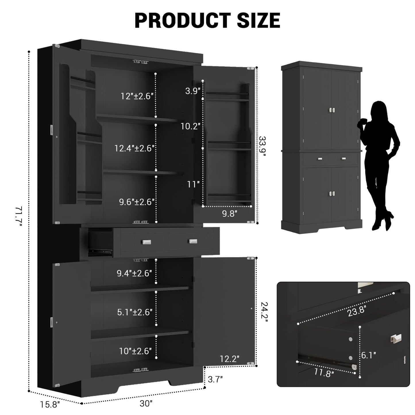 72" Kitchen Pantry Cabinet, Kitchen Pantry with 6 Door Shelves, 2 Cabinets and 1 Drawer, Tall Storage Cabinet for Living Room, Dining Room, Black