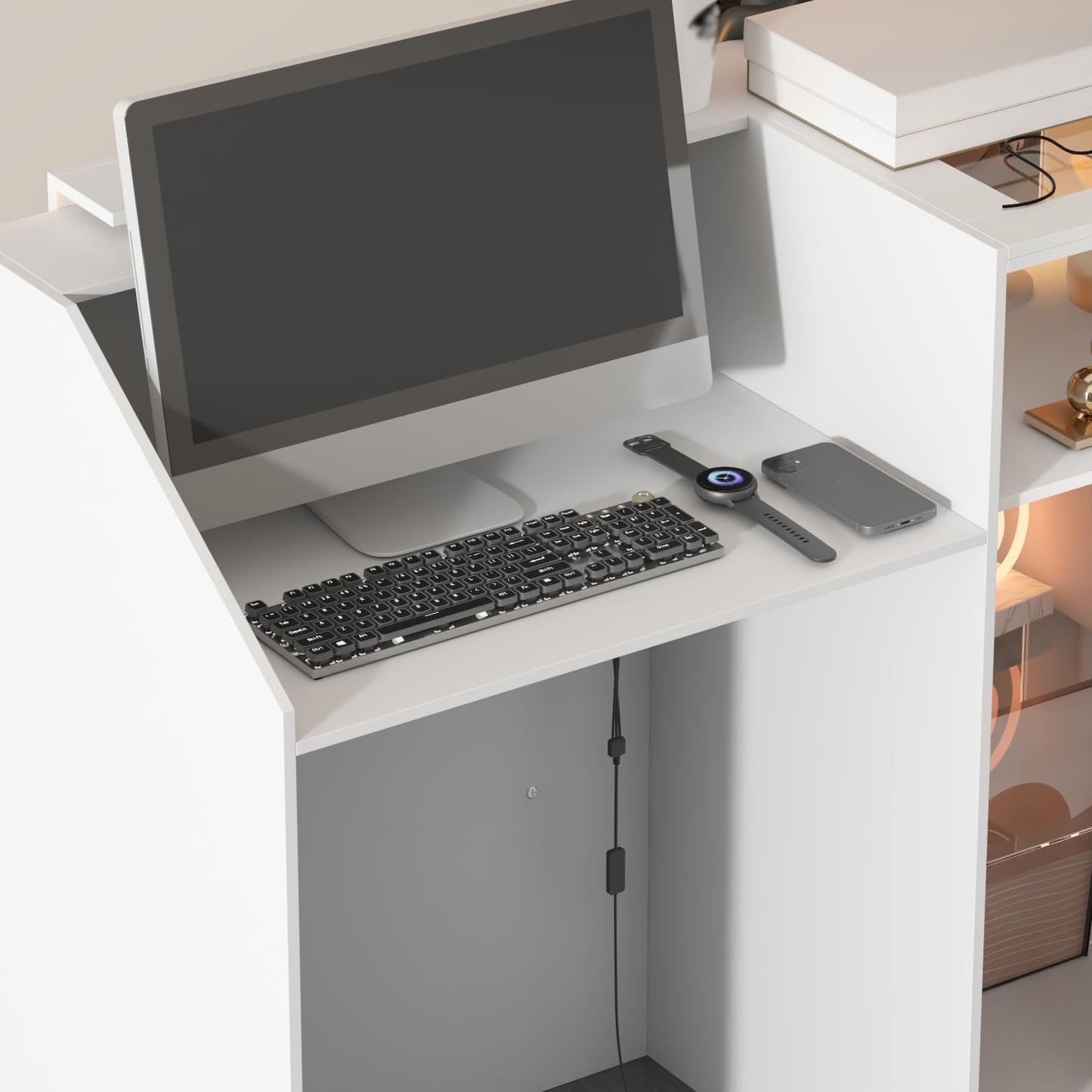 AIEGLE Modern Reception Desk, Front Desk Reception Counter, 47.2" W L Shaped Check Out Counter with Storage, LED Lights, Cable Grommet & Glass Display Shelf for Salon, Lobby, White