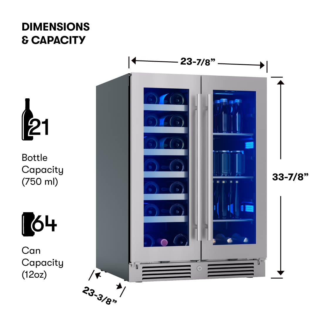 Zephyr Presrv 24 Inch Wine Fridge & Beverage Refrigerator Dual Zone Under Counter - Wine Cooler Cellars Small Beer Fridge Cabinet Drink Chiller Freestanding with French Glass Door 21 Bottles, 64 Cans