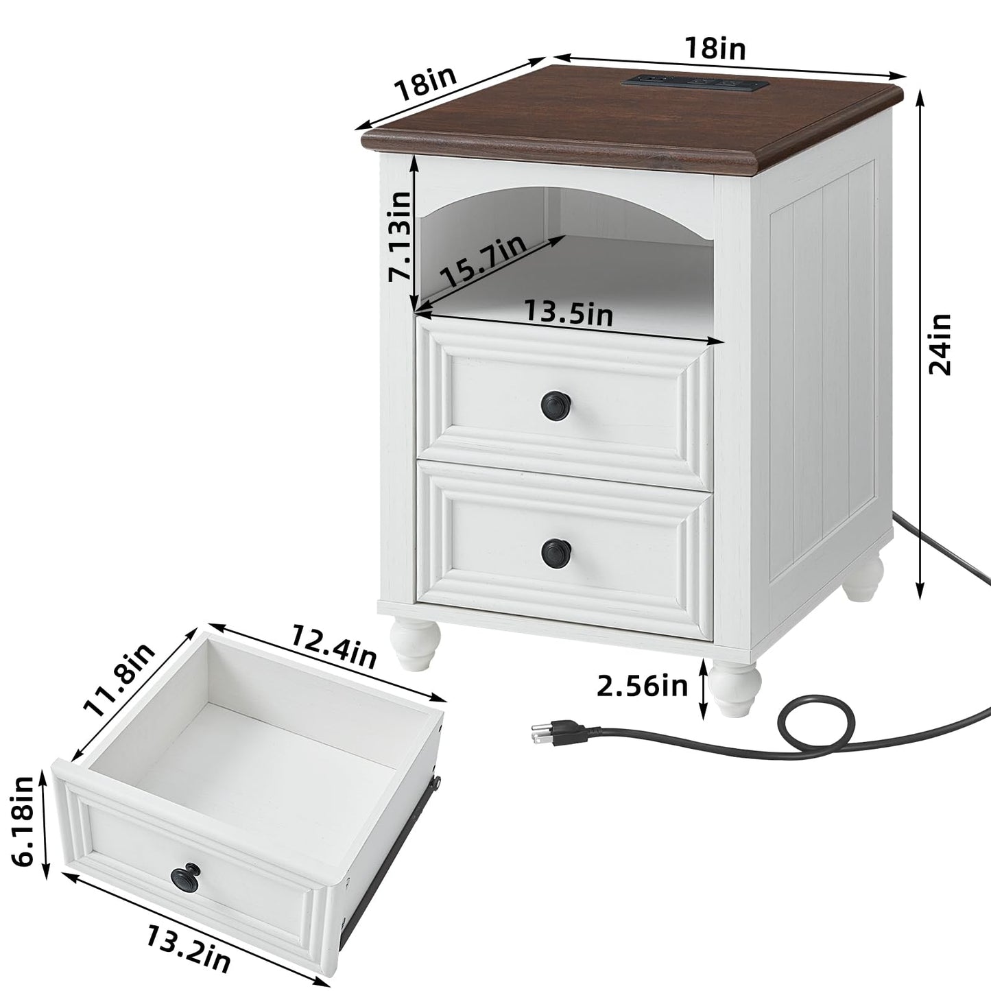RWYHG 18" Farmhouse Night Stands Set of 2 with Charging Station, Wooden Nightstand with 2 Drawers, Bedside End Table with Storage, Bed Side Tables Cabinet for Bedroom, Living Room, and Closet(White)
