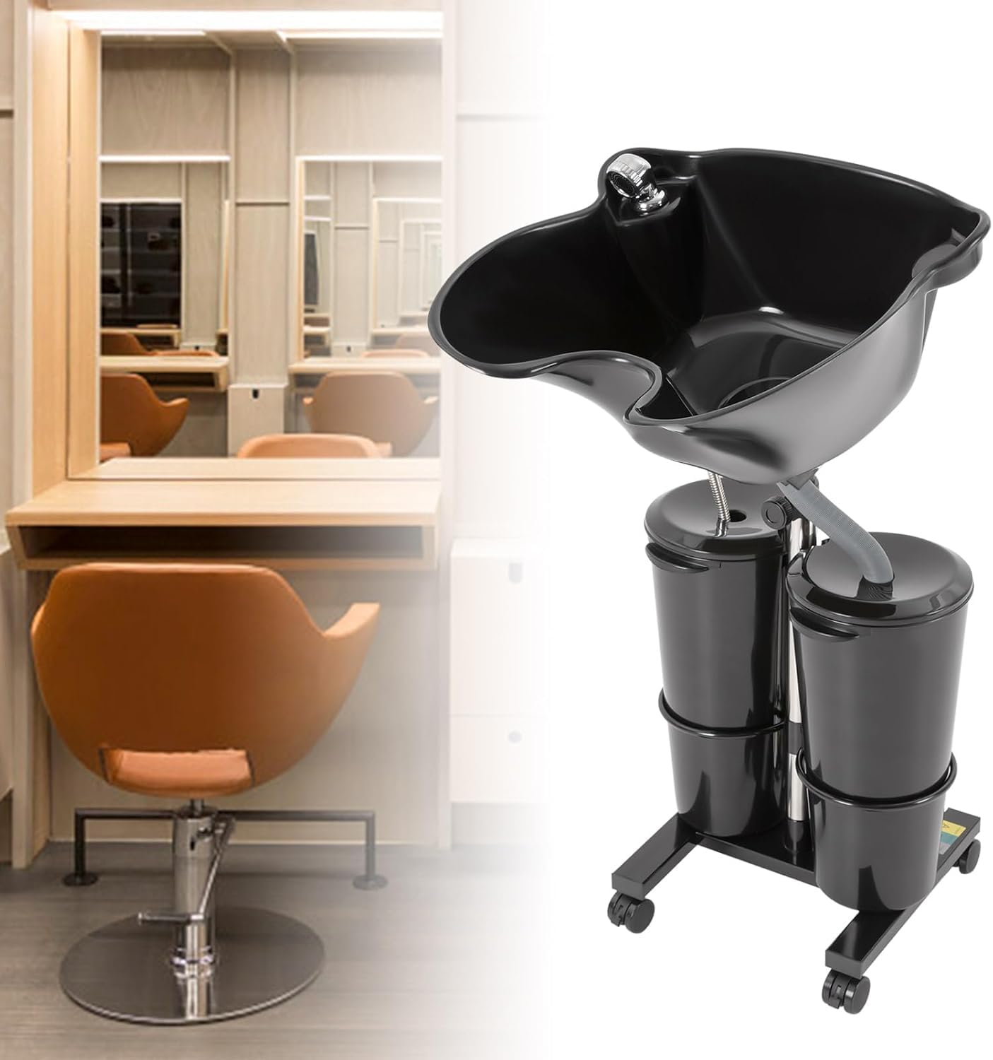 Shampoo Bowl Portable Hairdressing Backwash Unit Salon Wash Hair Basin Sink With 10 L 2 Tanks Buckets Drain Hoses And Wheels, Height Adjustable Hair Washing Sink For Barber Shop Elderly/pre
