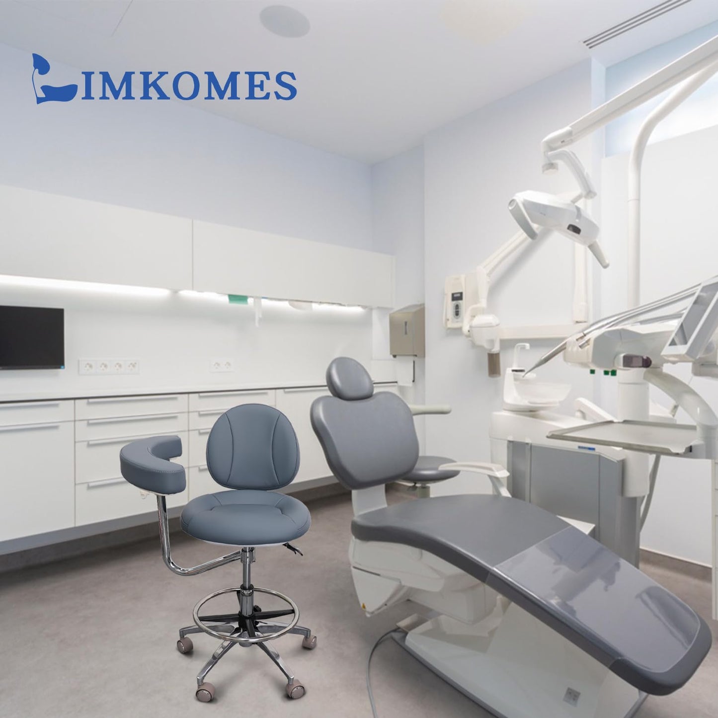LIMKOMES Medical Dental Assistant Chair with Rotatable Armrest Rolling Medical Chair Ergonomic Swivel Seating Back Support Dentist Stool for Clinics, Dental Offices, Labs-Gray