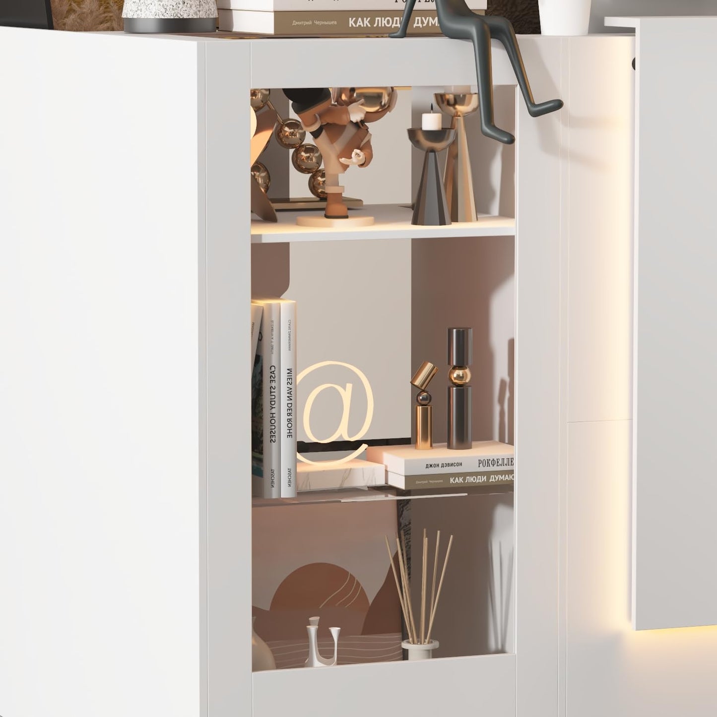 AIEGLE Modern Reception Desk, Front Desk Reception Counter, 47.2" W L Shaped Check Out Counter with Storage, LED Lights, Cable Grommet & Glass Display Shelf for Salon, Lobby, White