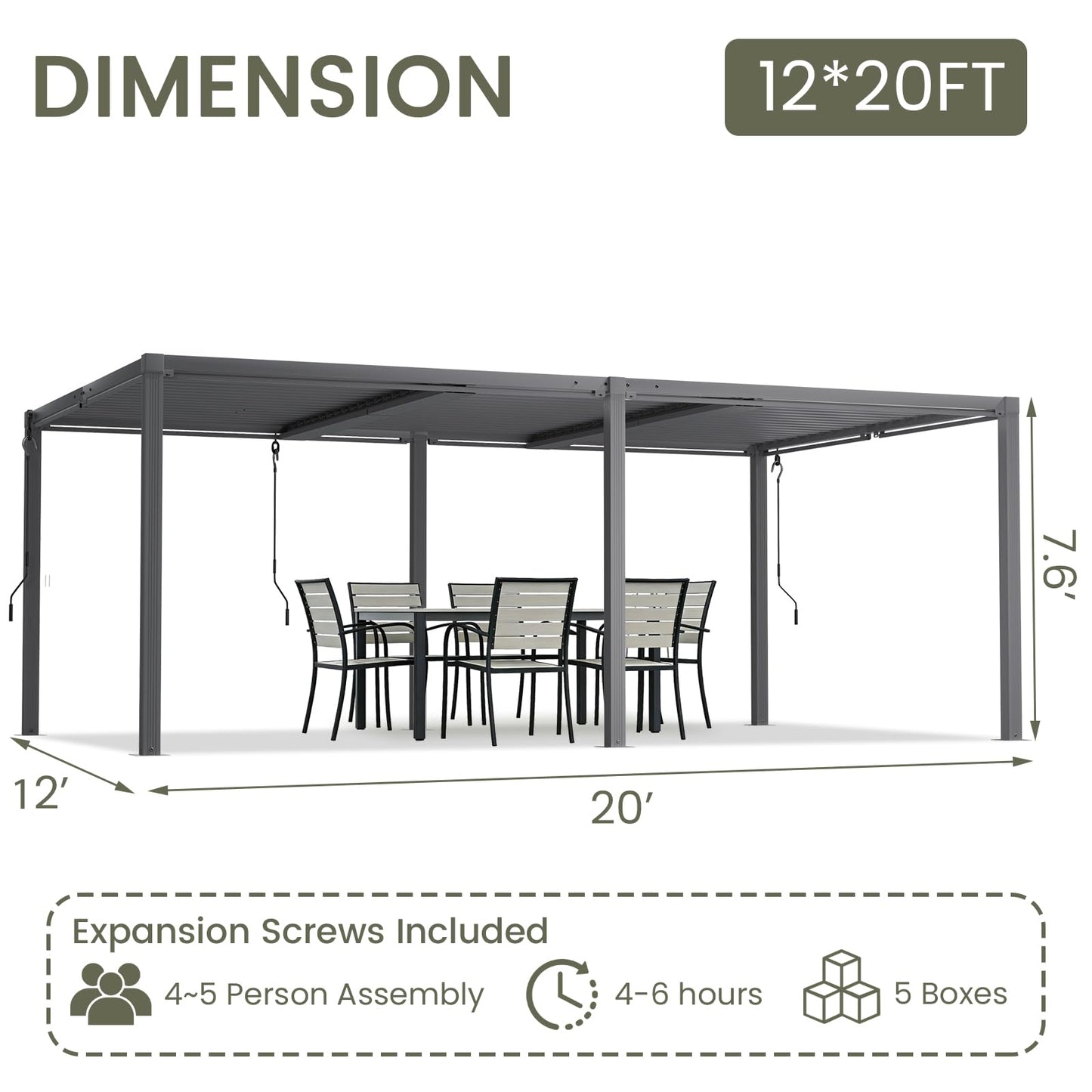 SAILARY Louvered Pergola 12' x 20', Large Outdoor Aluminum Pergola with Reinforced Steel Roof, Heavy-Duty Hardtop Gazebo for Patio Garden, Weatherproof Sun Shade Shelter, Grey