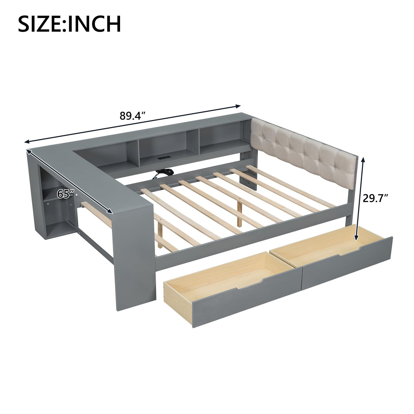 Ball & Cast Full Size Wood Daybed with Storage Shelves and Built-in Desk,Platform Bed w/Under-Bed Drawers & Charging Station,Upholstered Headboard,No Box Spring Needed,for Student Dorms,Gray