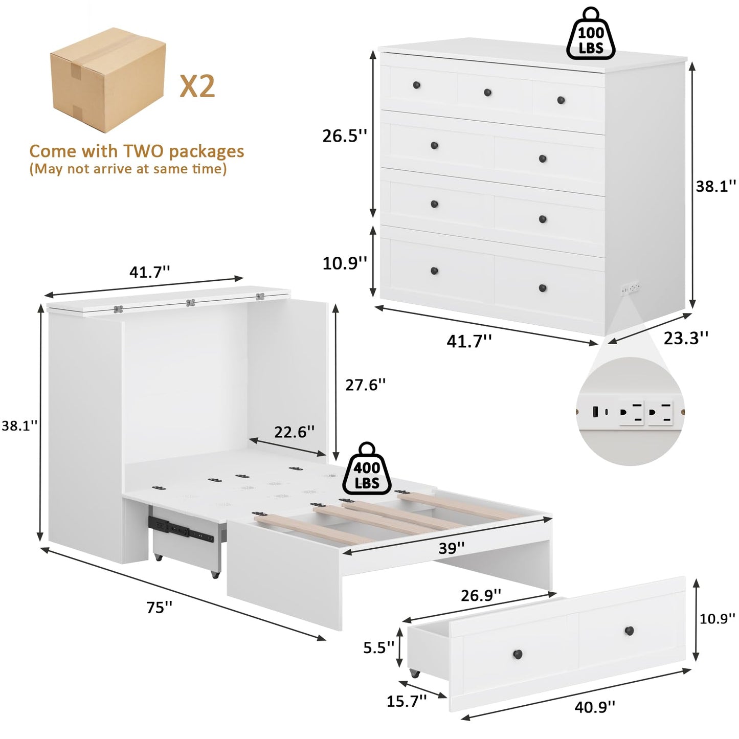 LIVAUVEAD Twin Murphy Bed with Built-in Charging Station, Space-Saving Murphy Bed Chest Twin with Drawer, Foldable, for Home Office Guest Room Bedroom White