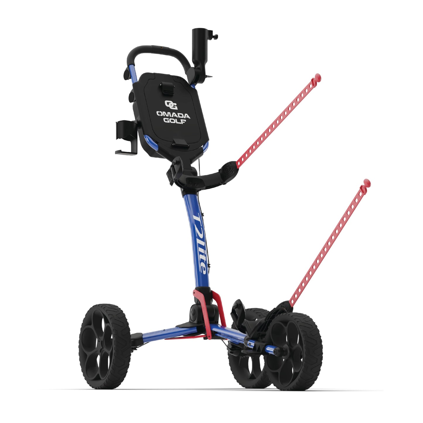 OMADA GOLF T2Lite Golf Push Cart | Lightweight, Ultra-Compact Folding Golf Cart | Large All Terrain Wheels | Umbrella Holder Included | Deep Storage Console | Adjustable Handle, Handbrake + Cup Holder