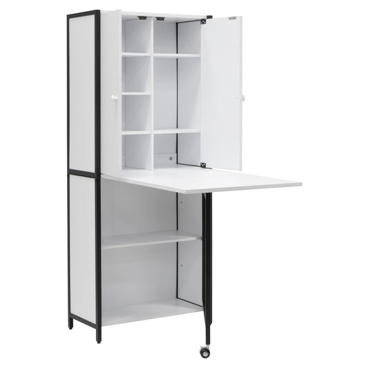 Sew Ready Folding Craft Armoire Cabinet, 59" Tall Multipurpose Workstation with Drop-Leaf Table and Powder-Coated Steel Frame, Charcoal/White