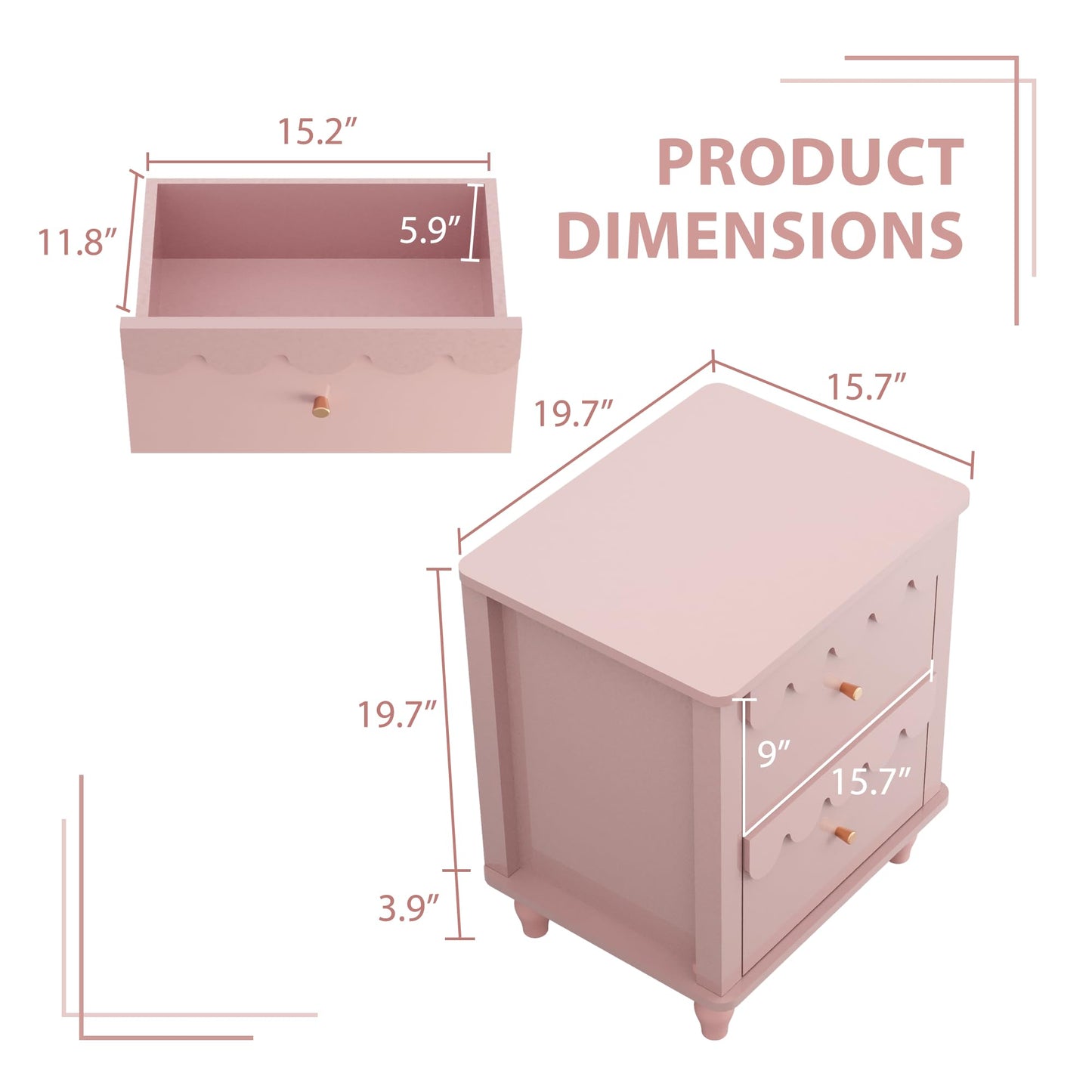 Anbuy Pink Nightstand Set of 2 with Petal Pattern, Modern Night Stand Set 2 with 2 Drawers for Bedroom, Side End Table Scalloped Bedside Night Tables with Solid Wood Legs