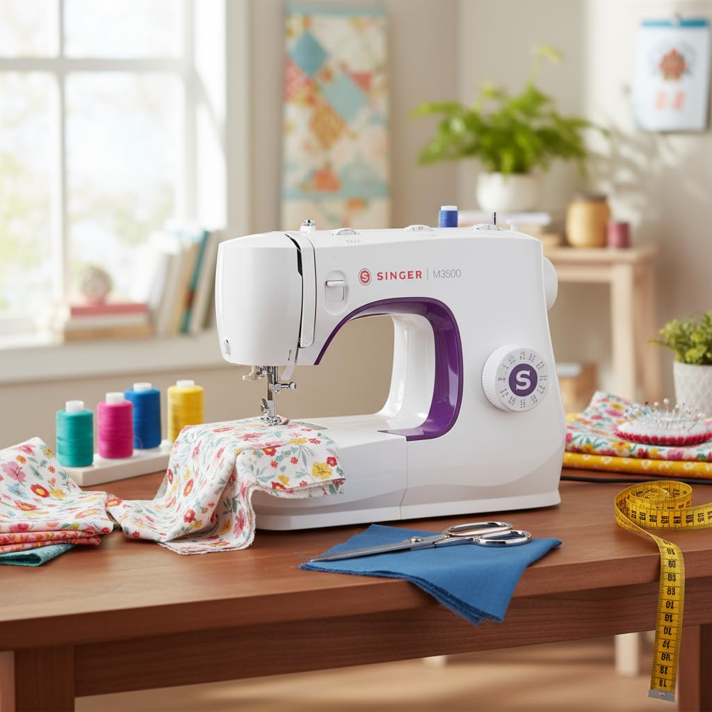 SINGER® M3500 Lightweight & Portable Sewing Machine with Accessory Kit | 32 Built-In Stitches Deliver 110 Stitch Applications | LED Light & 1-Step Buttonhole | Great for Quilting, Crafts & Mending
