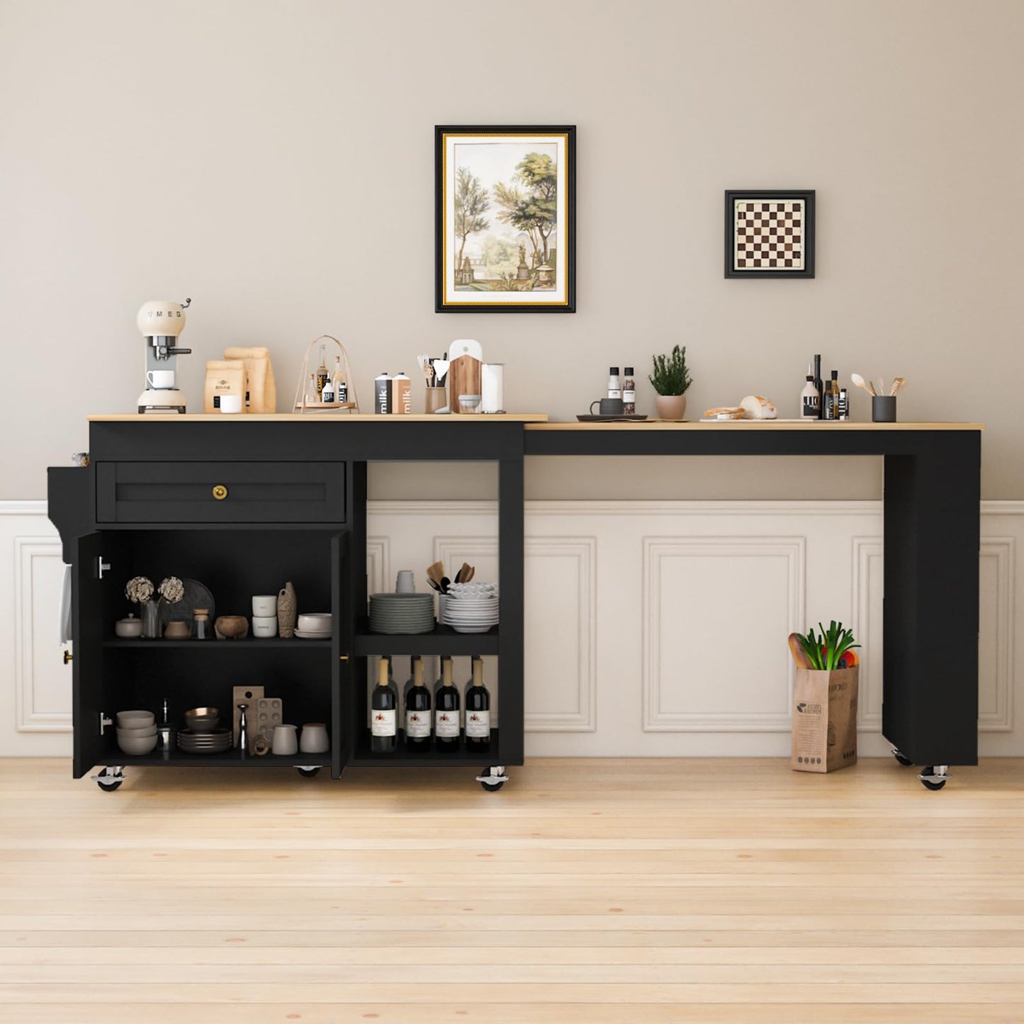 CayugaCrekrd 81.5" Kitchen Island with Extendable Dining Table, Rolling Kitchen Cart on Wheels with Spice Rack, Drawer and Door Cabinet for Dining Room, Black
