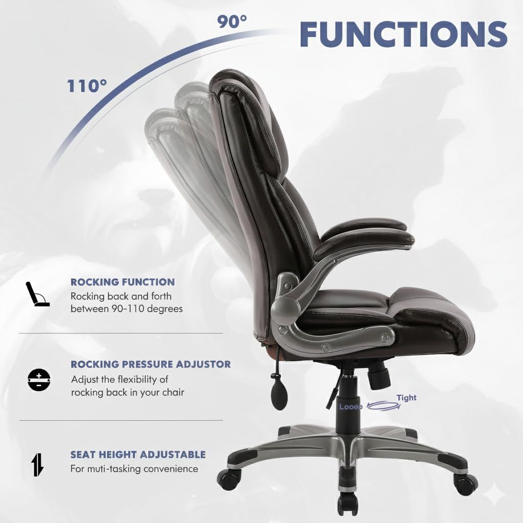 Ergonomic High Back Executive Office Chair with Adjustable Airbag Lumbar Support, Bonded Leather Desk Chair with Flip-up Armrests, Swivel Computer Task Chair for Home Office Workstation, Brown