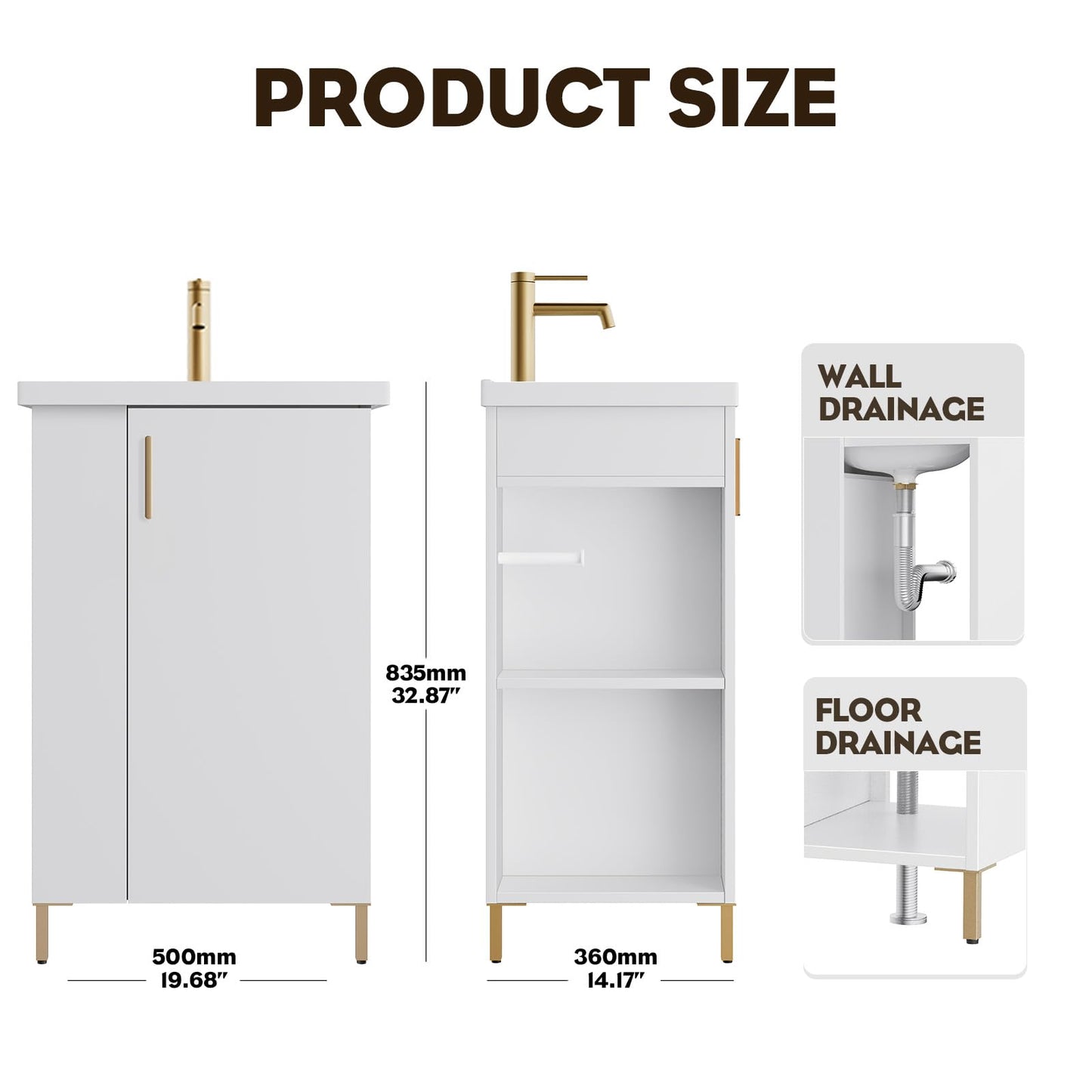 phiestina 20 Inch White Pre-Assembled Small Bathroom Vanity Cabinet with Ceramic Sink, Soft-Close Door, Left Side Storage, Space-Saving Design, No Faucet,BV05-20-WHITE-PLUS