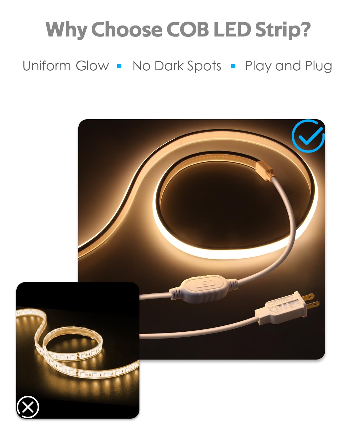 Samsion Waterproof COB LED Rope Lights 200FT IP67 3000K Warm White Flexible Light Strip 60M Model 110V-PMCOB-288D