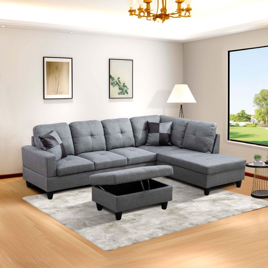 UOCFYK L-Shaped 3-Piece Linen Sofa with Storage Ottoman Set, Sectional Couch Sofa Set for Living Room, Office, Small Space, Grey