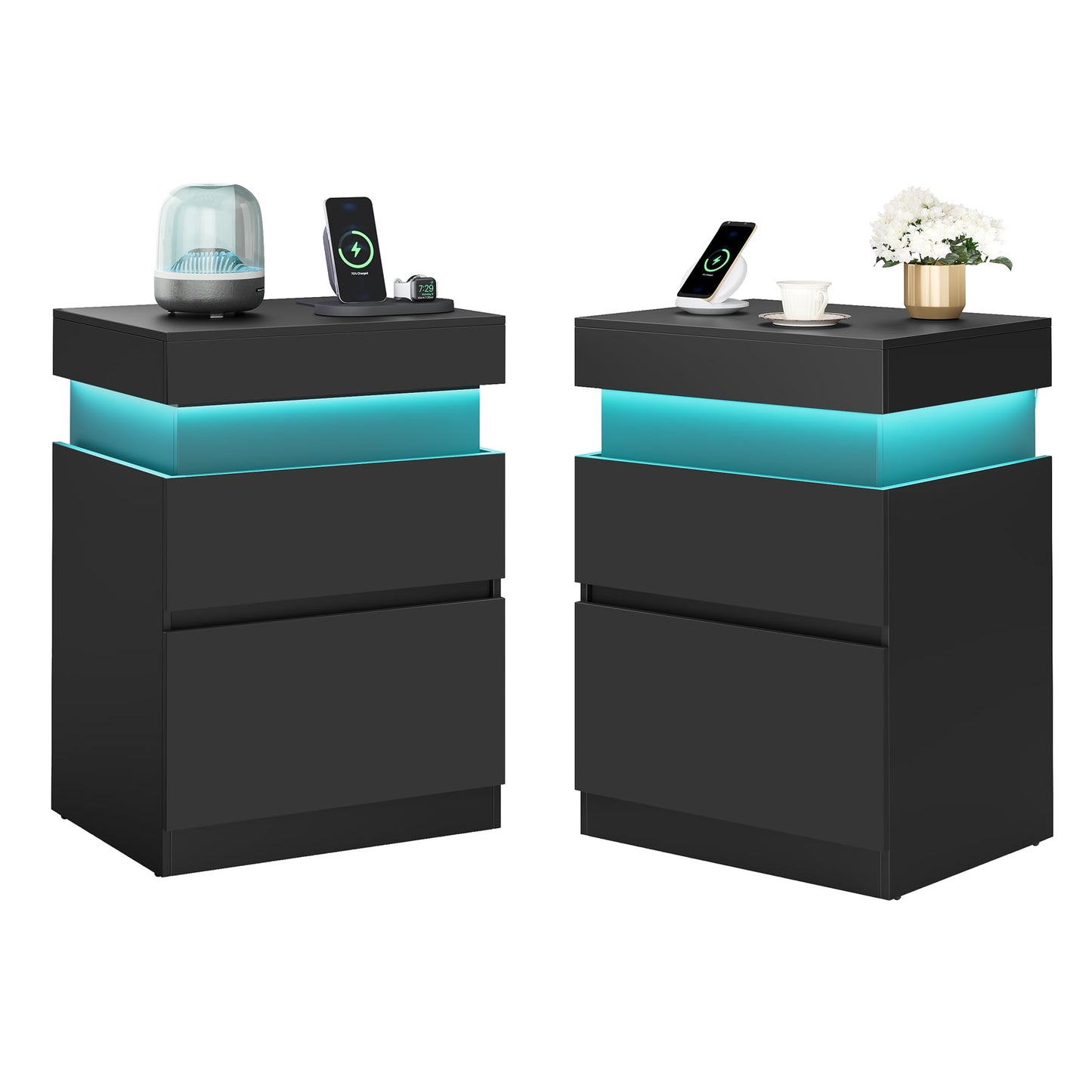 VASAGLE Kailyn Collection - Nightstands with Power Outlets, Sliding Lid, Modern Bedside Tables with LED Lights, End Tables, 2 Drawers, Set of 2, 15.7 x 18.9 x 26.8 Inches, Ink Black ULET650BC01S-2J