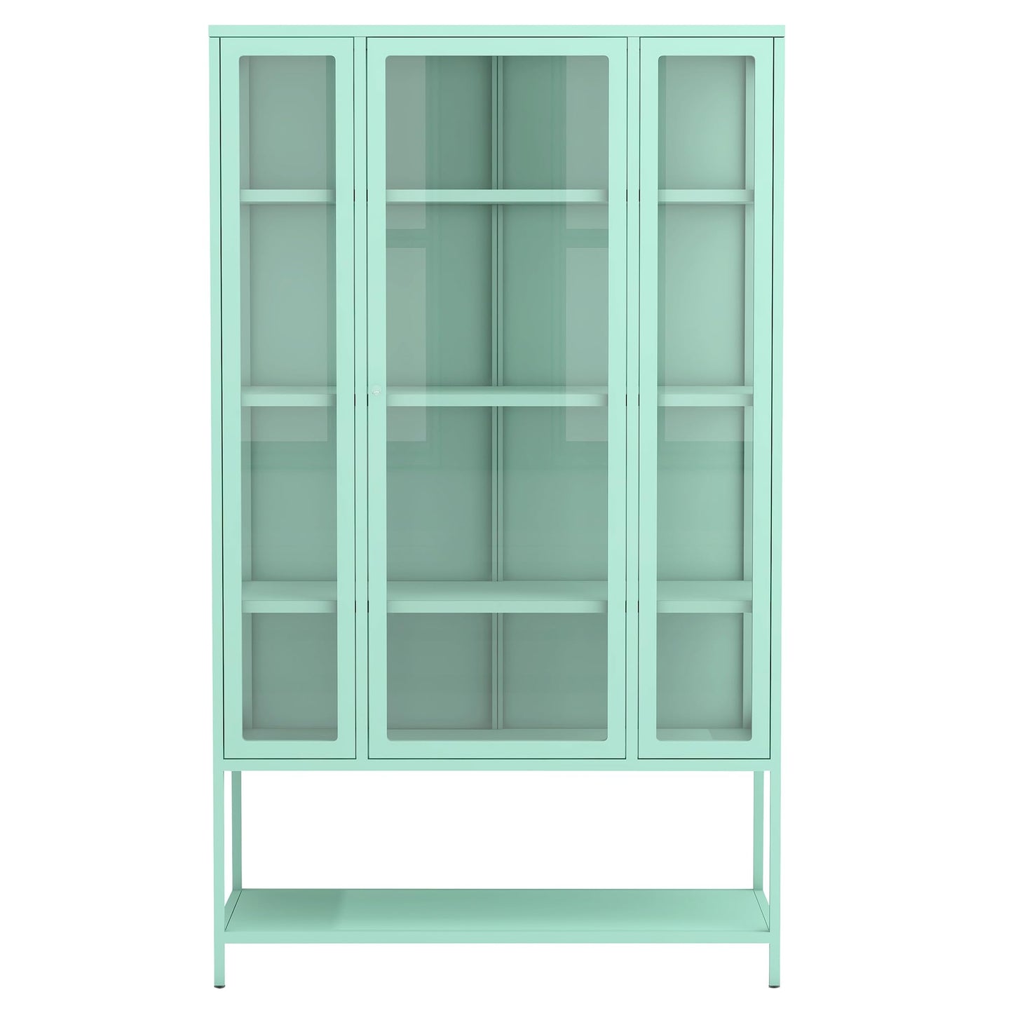 Merax 67" Tall Glass Display Cabinet with Adjustable Shelves and LED Lights, for Collectibles, Modern Steel Storage Curio Cabinet with 3-Sided Glass Display Case for Home Office Study Room, Cyan