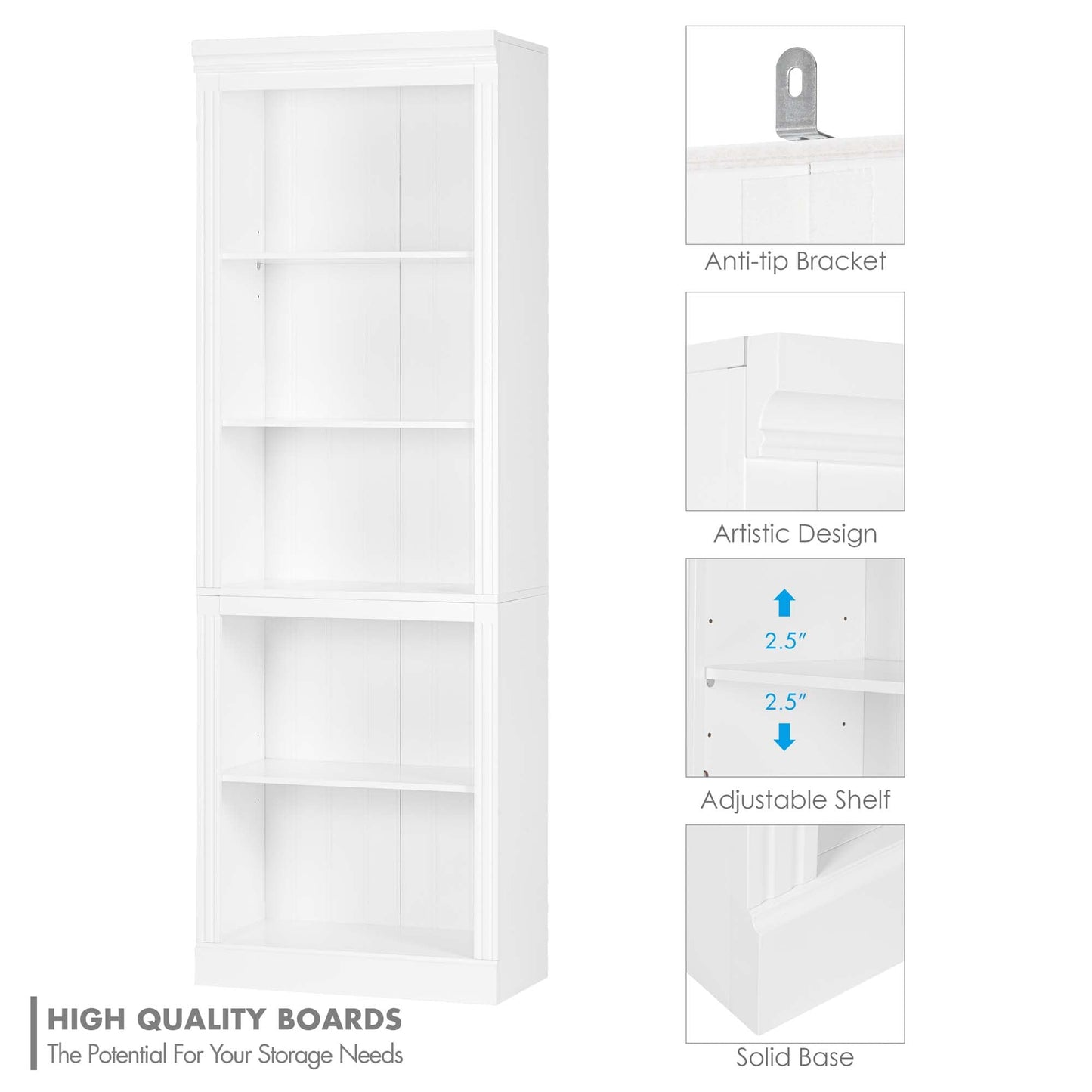 Spirich 5 Tier White Bookshelf, Tall Bookshelf with Storage, Open Wooden Book Shelf, Modern Large Bookcase for Living Room, Home Office, Dinning Room