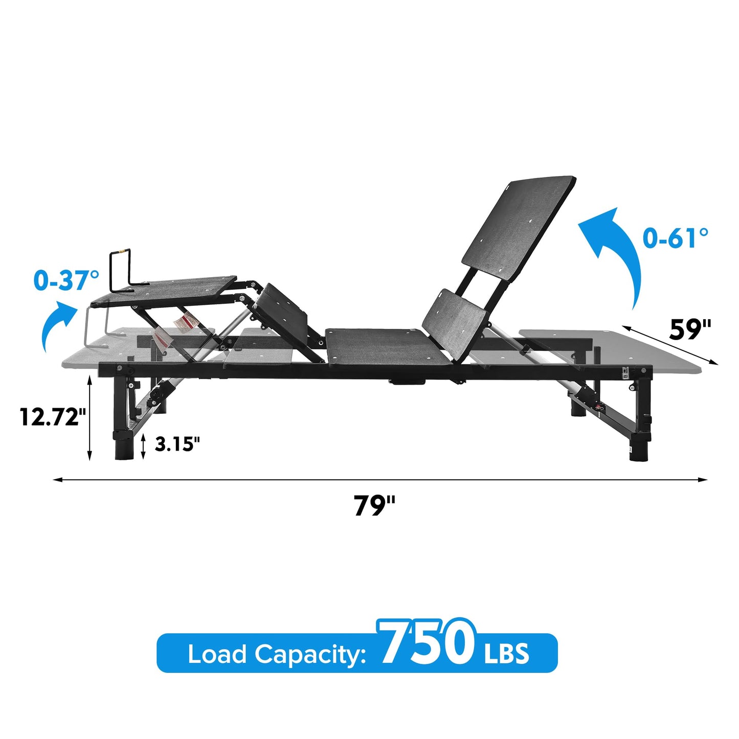 KEIKI Adjustable Bed Base Frame Queen Size with Wireless Remote, Head and Foot Incline, Zero Gravity Electric Bed Frame, Quiet Motor, 750LBS Capacity, Easy Assembly, Black