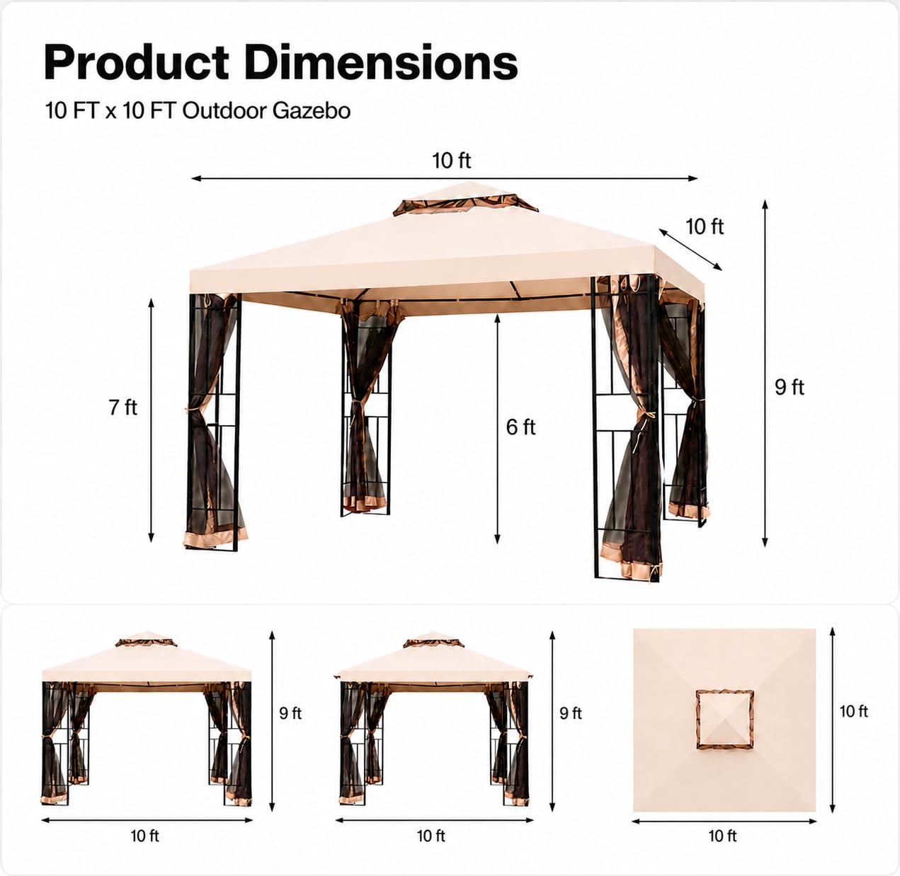 LAUSAINT HOME 10' x 10' Outdoor Patio Gazebo, Heavy-Duty Steel Frame Gazebo with Double-Tier Roof & Mosquito Netting, Party Tent Shelter for Backyard, Garden, Lawn, Khaki