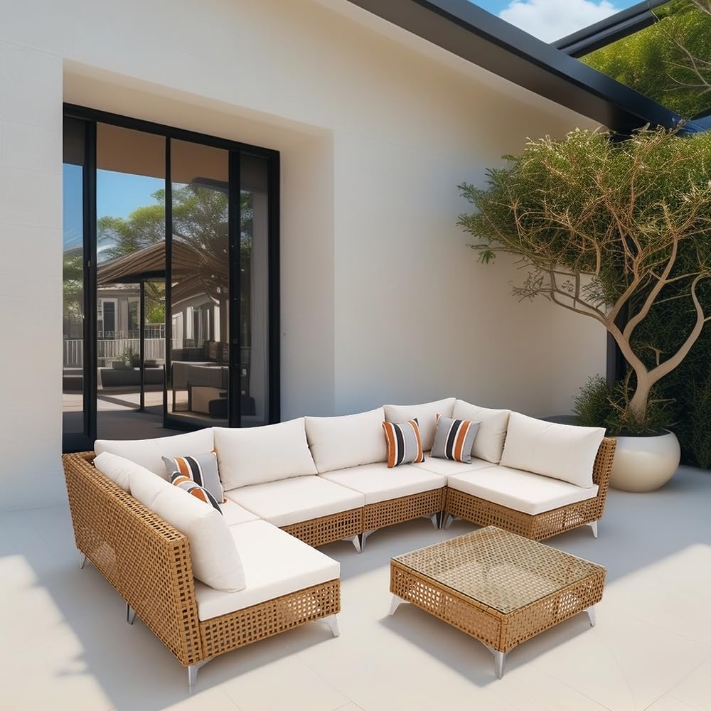 Merax 7 Piece Outdoor Patio Furniture Sets - 8-Seat PE Wicker Sectional Sofa w/Rattan Chaise Lounge & Thick Cushions, 29" Coffee Table w/Glass Top for Garden, Couch, Porch, Backyard Beige