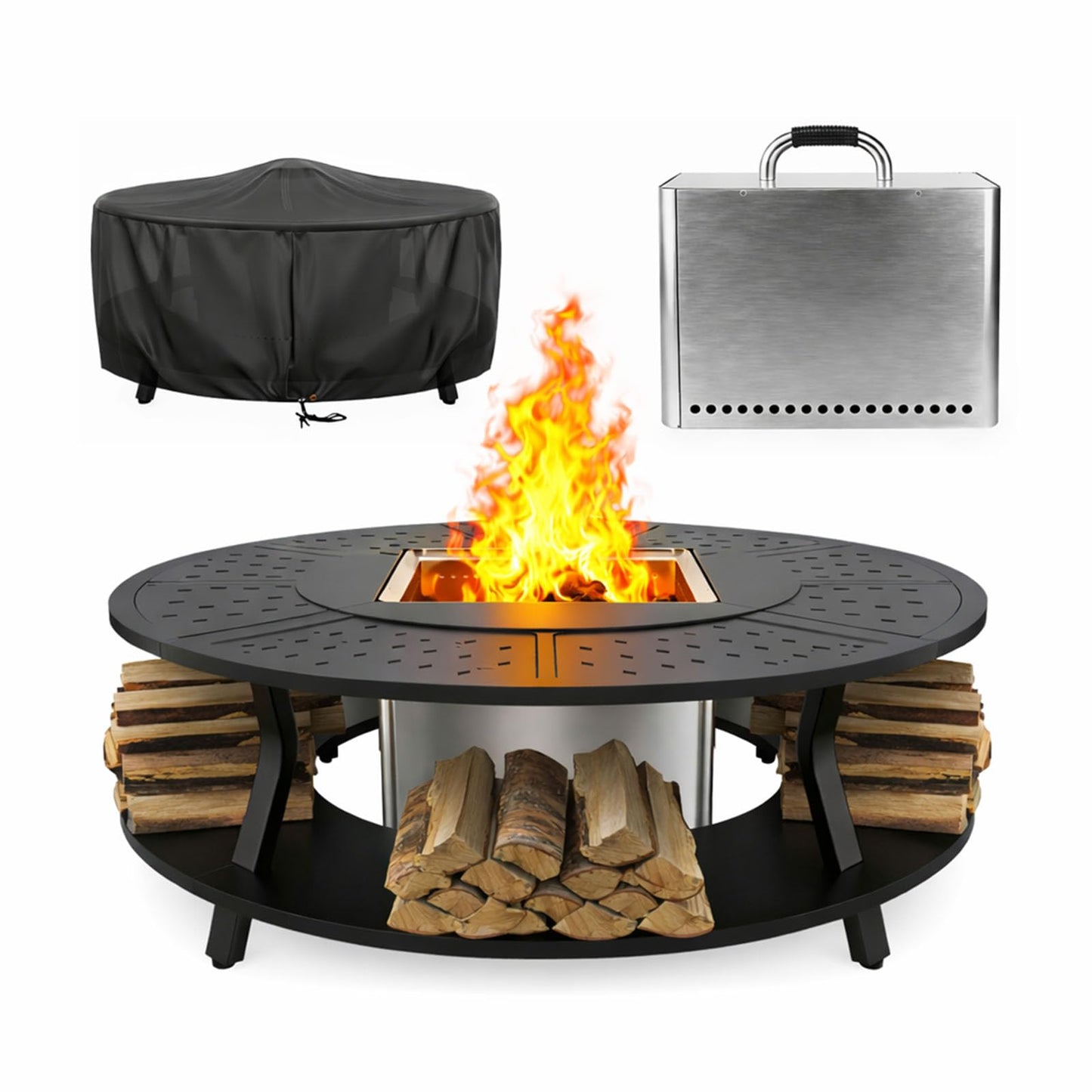 Uniflasy Smokeless Fire Pit and Fire Pit Surround Tabletop, Portable Protective Barrier Equal Width, Safety & Extra Space, 48" Outdoor Tabletop & 17" Smokeless Firepit for Backyard, Camping & Party