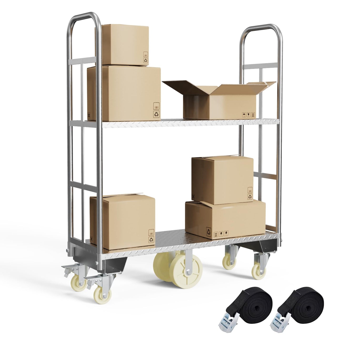 Two Tier U-Boat Platform Truck Cart, 16 x 48Inch Narrow Aisle Flatbed Truck w/6PCS Wheel Caster 2500LBS Weight Capacity Heavy Duty Platform Dolly with Removable Handles for Warehouse, Storage Room