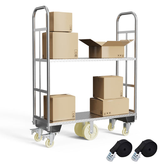 Two Tier U-Boat Platform Truck Cart, 16 x 48Inch Narrow Aisle Flatbed Truck w/6PCS Wheel Caster 2500LBS Weight Capacity Heavy Duty Platform Dolly with Removable Handles for Warehouse, Storage Room