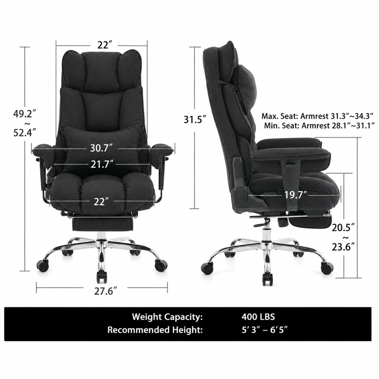 mokodo Big and Tall Office Chair 400lbs, Breathable Fabric Executive Desk Chair with Pocket Spring Cushion, 155° Reclining Computer Chair with Integrated Headrest & Lumbar Pillow (Black)