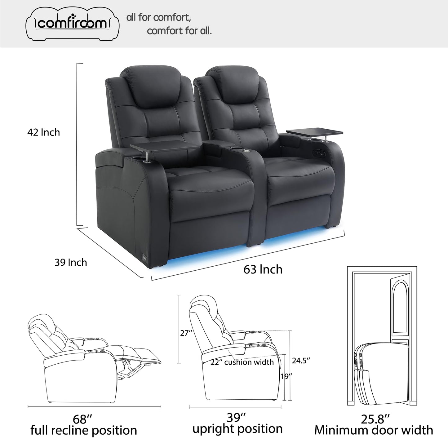 comfiroom Top Grain Leather Home Theater Seating Seats, Simple Style Dual Power Gaming Sofa Top Grain Leather Movie Theater Chairs Recliner Sofa with Type-C USB Charger (Black, Row of 2)