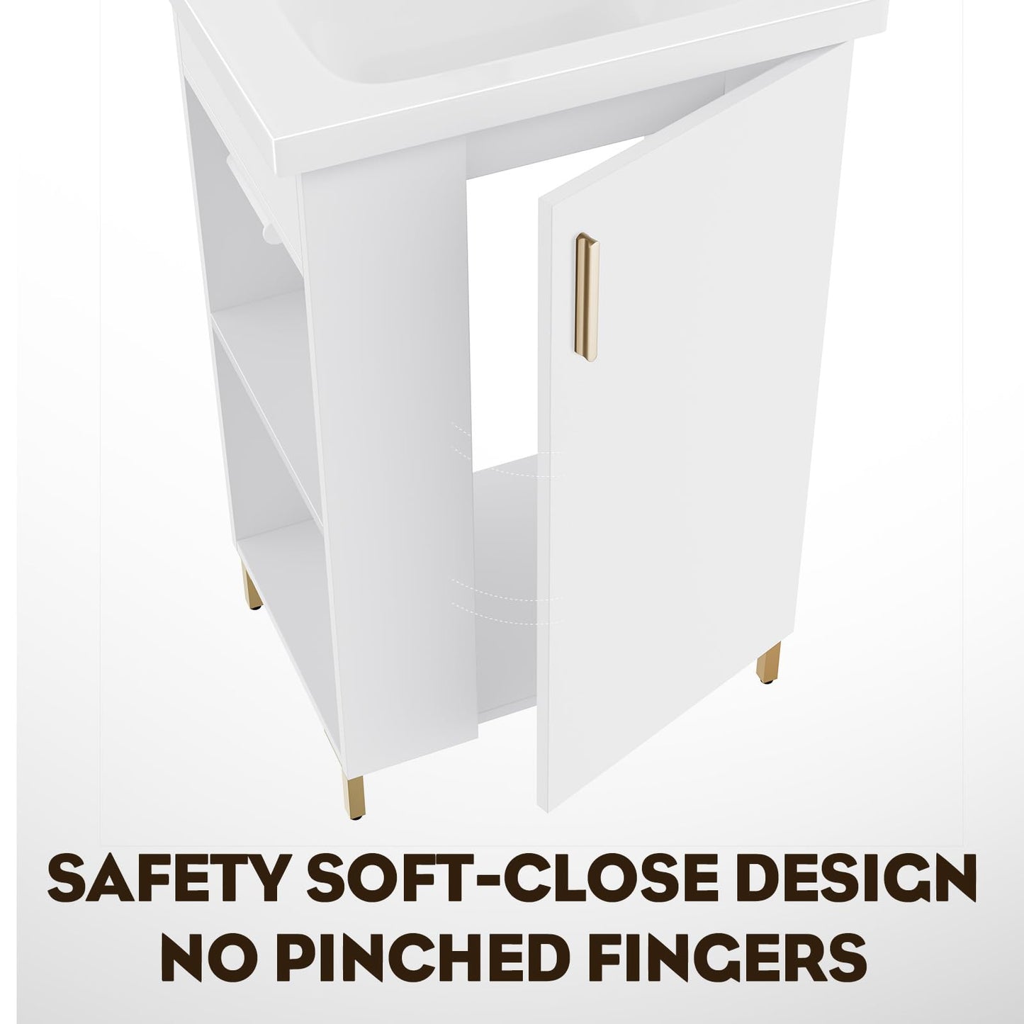 phiestina 20 Inch White Pre-Assembled Small Bathroom Vanity Cabinet with Ceramic Sink, Soft-Close Door, Left Side Storage, Space-Saving Design, No Faucet,BV05-20-WHITE-PLUS