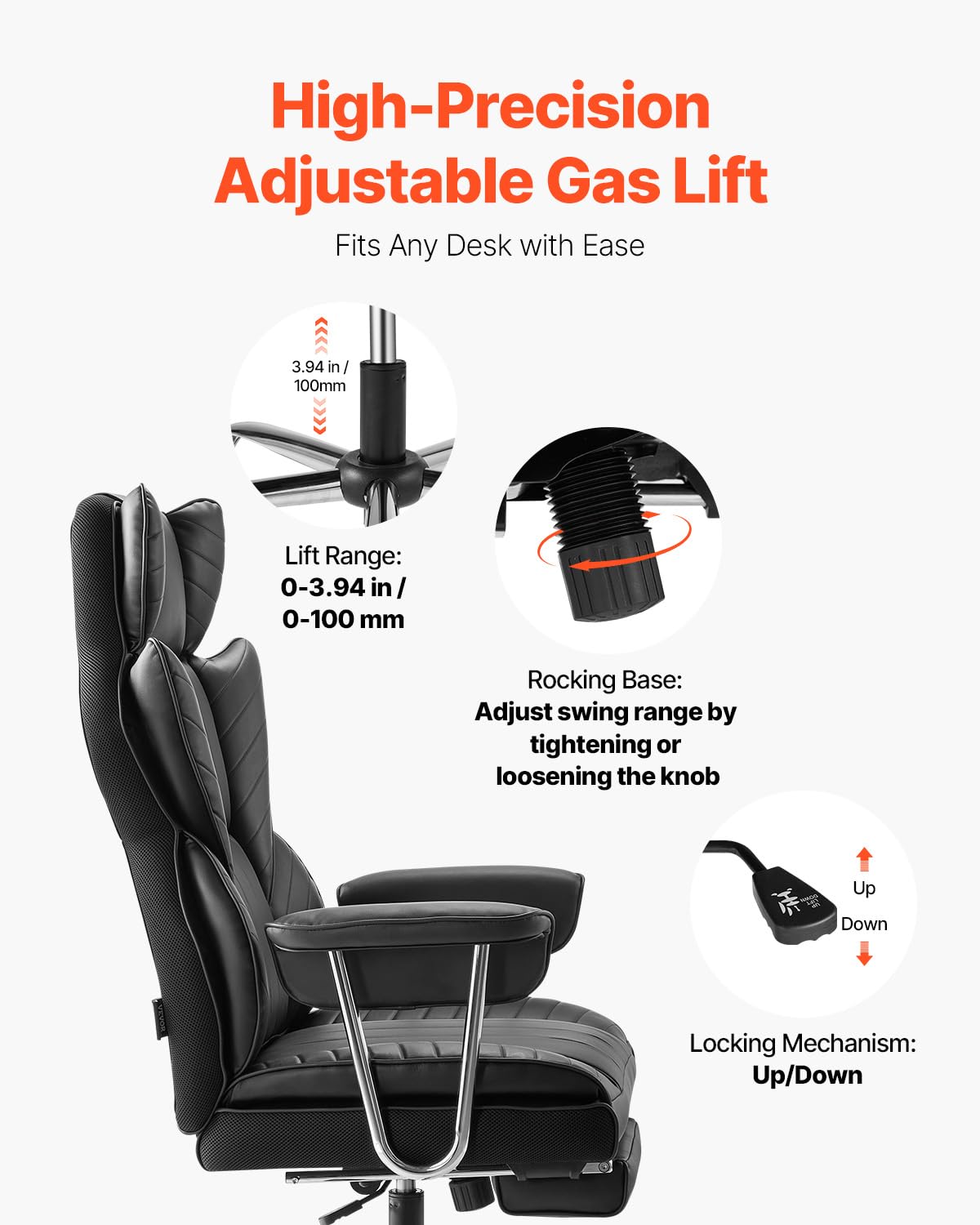 VEVOR Executive Office Chair with Footrest, 400lb Capacity Oversize Office Chair with Lumbar Pillow & Removable Armrests, Heavy Duty Ergonomic Chair, PU Leather Reclining Home Office Desk Chair, Black