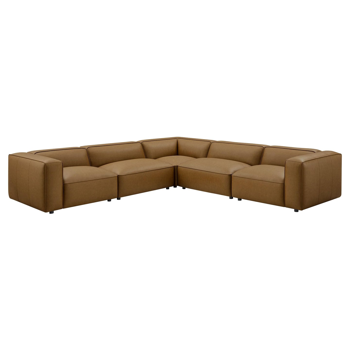 Modway Auren Vegan Leather 5 Piece Modular Sofa in Camel - Faux Leather L Shaped Sectional - Comfy Modern PU Leather Sofa - Oversized Mid Century Modern Couch for Living Room, Apartment
