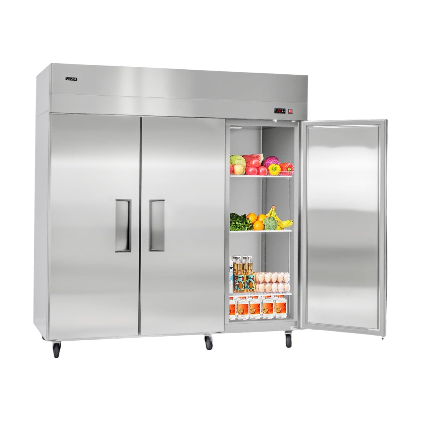 VEVOR Commercial Reach-In Refrigerator 72" W, 52 Cu.Ft Stainless Steel Upright Refrigerator with Three Doors, Auto-Defrost, 9 Adjustable Shelves, 32 to 50℉ Temp Control, UL Certified