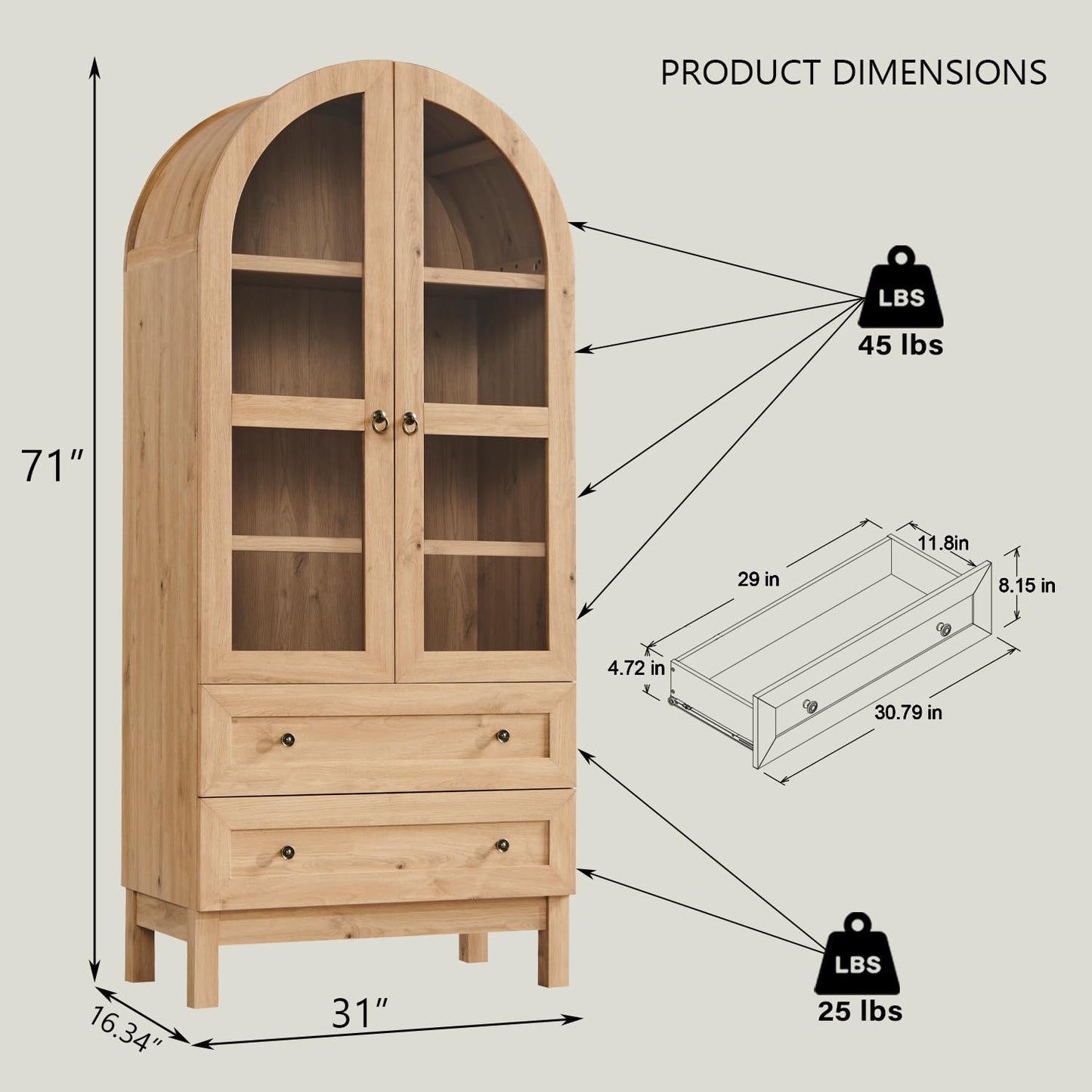 IFGET 71" Tall Arched Kitchen Pantry, Modern Farmhouse Wood Kitchens Storage Cabinets with 2 Large Drawers and Adjustable Shelves, Versatile Cupboard for Kitchen, Dining Room, Bathroom, Natrual