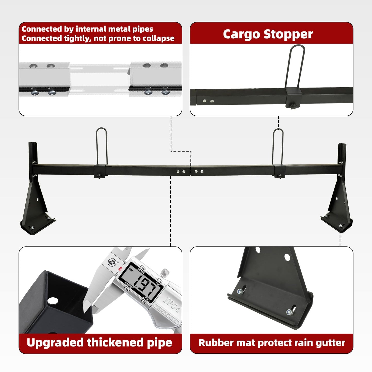hightall Universal Van Ladder Rack with Roller,Adjustable Length 57-70" with Cargo Stoppers for Van with Rain Gutter,Compatible with Chevy Express 1500 2500 3500 Ford Econoline GMC Savana