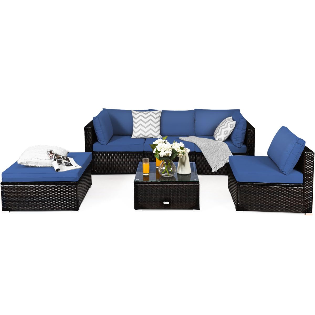 COSTWAY 6-Piece Outdoor Patio Furniture Set, Rattan Sectional Sofa Set with Tempered Glass Coffee Table, Cushions and Ottoman for Garden, Deck, Backyard (Navy)