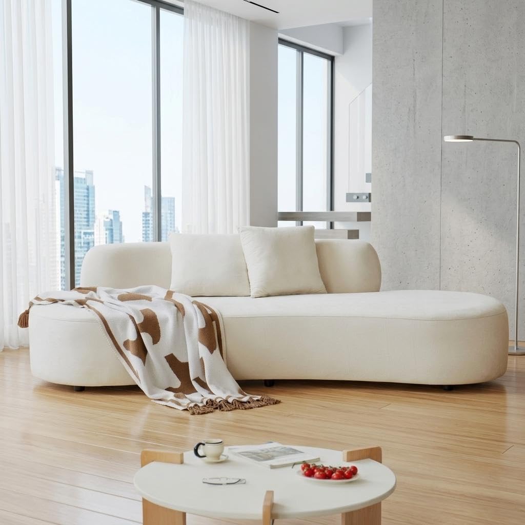 Container Furniture Direct 90" Curved Sofa with Throw Pillows, 4 Seater Luxury Velvet Couch with Half Moon Design and High-Density Foam, Ideal for Modern Living Room, Office & Apartment, Ivory