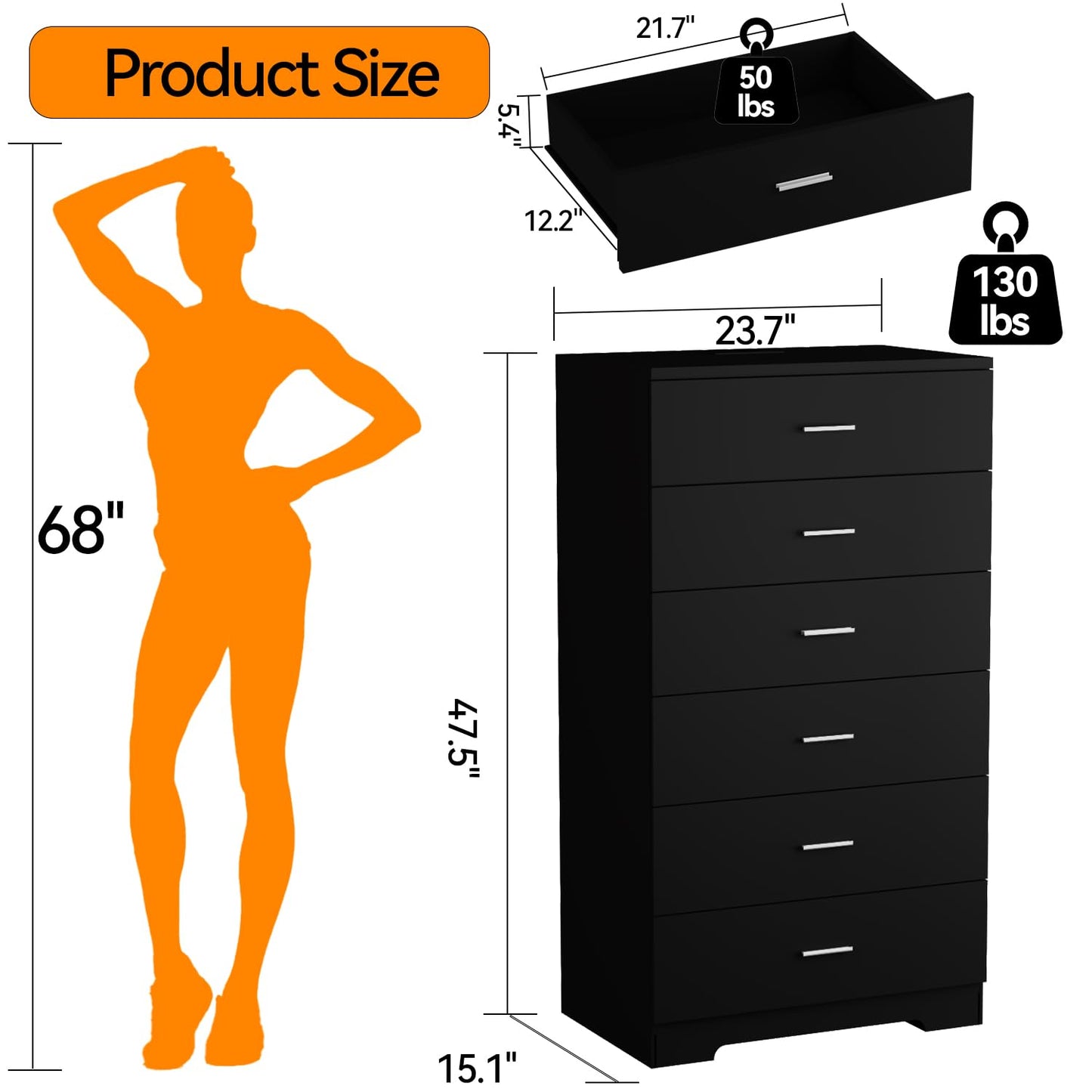 AXCIGOC 48" Tall Dresser for Bedroom Chest of Drawers with Power Outlets Wood 6 Drawers Dresser with Large Storage Space and Metal Handles Modern Closet Storage Drawer for Living Room Hallway Black