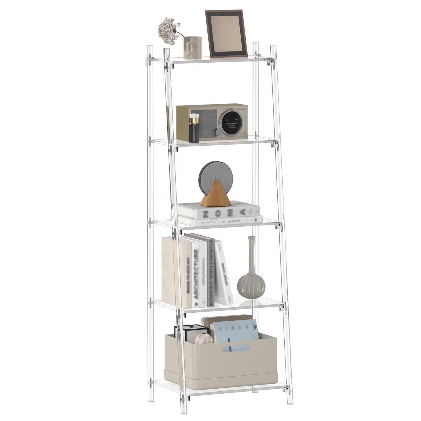CRTERICX Acrylic Ladder Bookshelf, 13.8" D x 20.5" W x 59" H, 5-Tier Tall Clear Bookcase, Multifunctional Storage Book Shelf for Living Room, Bedroom, Office, Modern, Easy Assembly