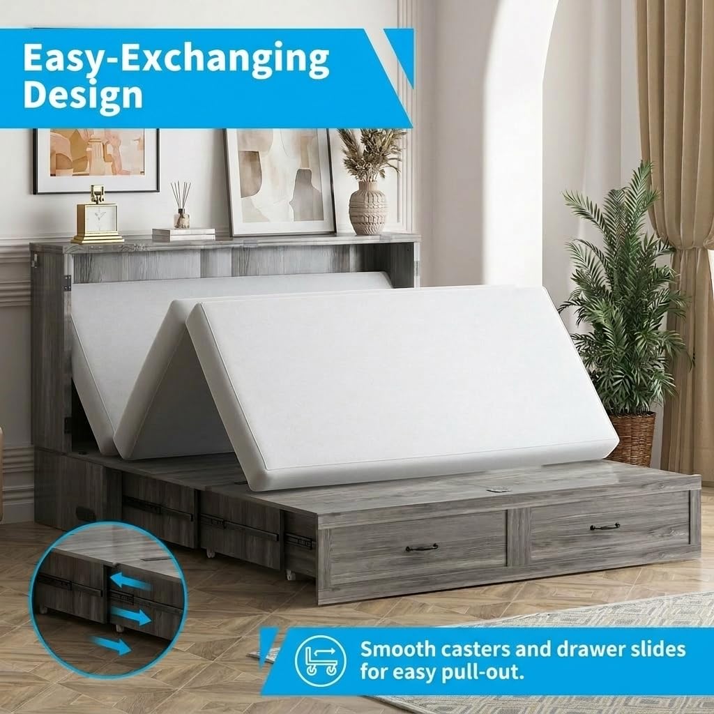 Mjkone Murphy Bed, Cabinet Beds Queen Size with Mattress Included, USB Charging Port, Drawer, Space Saving Queen Murphy Chest Bed, Hidden Cabinet Guest Wall Beds for Bedroom, Apartment, Grey