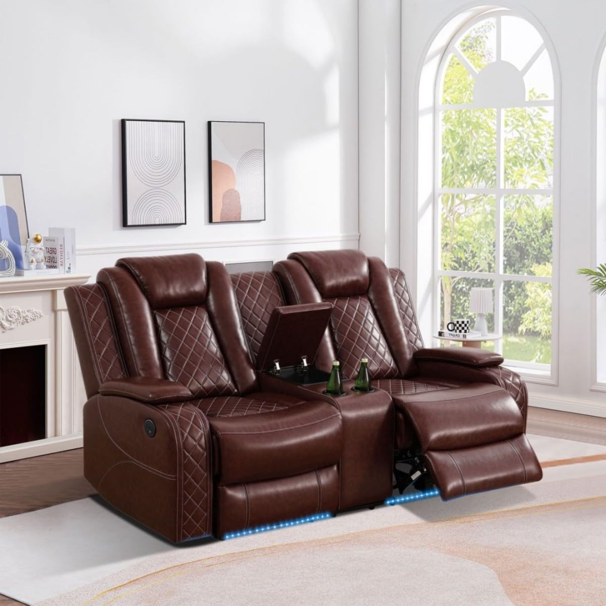 UOCFYK Electric Power Recliner Loveseat Set Living Room Furniture, Comfy Home Theater Breathing Leather Seating with USB 2.0 Charging Ports, LED Light Strips, Mid Console and Cupholders (Red)