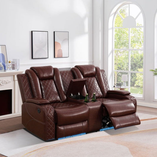 UOCFYK Electric Power Recliner Loveseat Set Living Room Furniture, Comfy Home Theater Breathing Leather Seating with USB 2.0 Charging Ports, LED Light Strips, Mid Console and Cupholders (Red)
