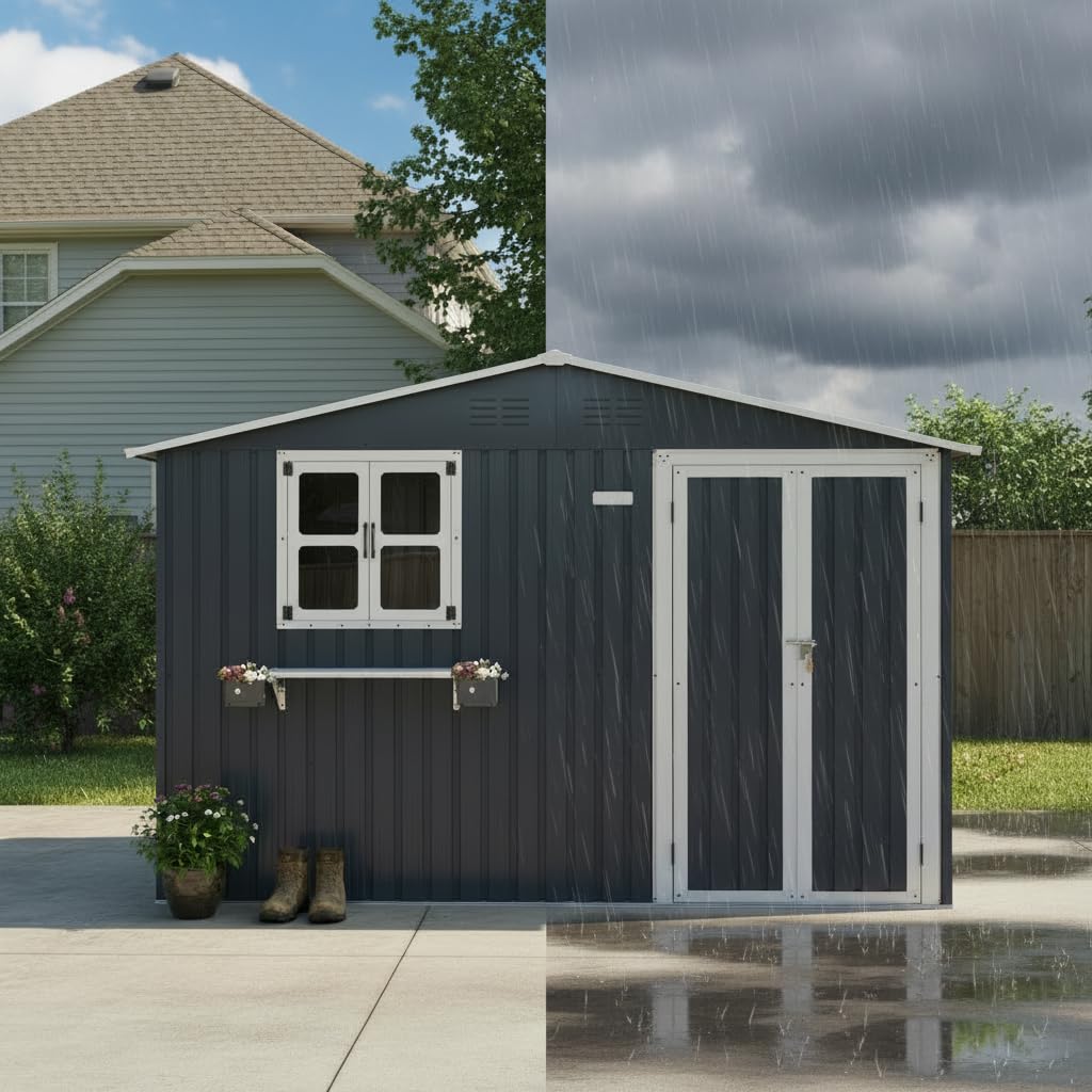 10x8 FT Storage Shed,Outdoor Metal Building Backyard Shed with 2 Clear Openable Windows,Windowsill & Garden Bed Flower Rack,Lockable Double Doors Tool Shed, Heavy Duty Waterproof,for Yard,Coal Gray
